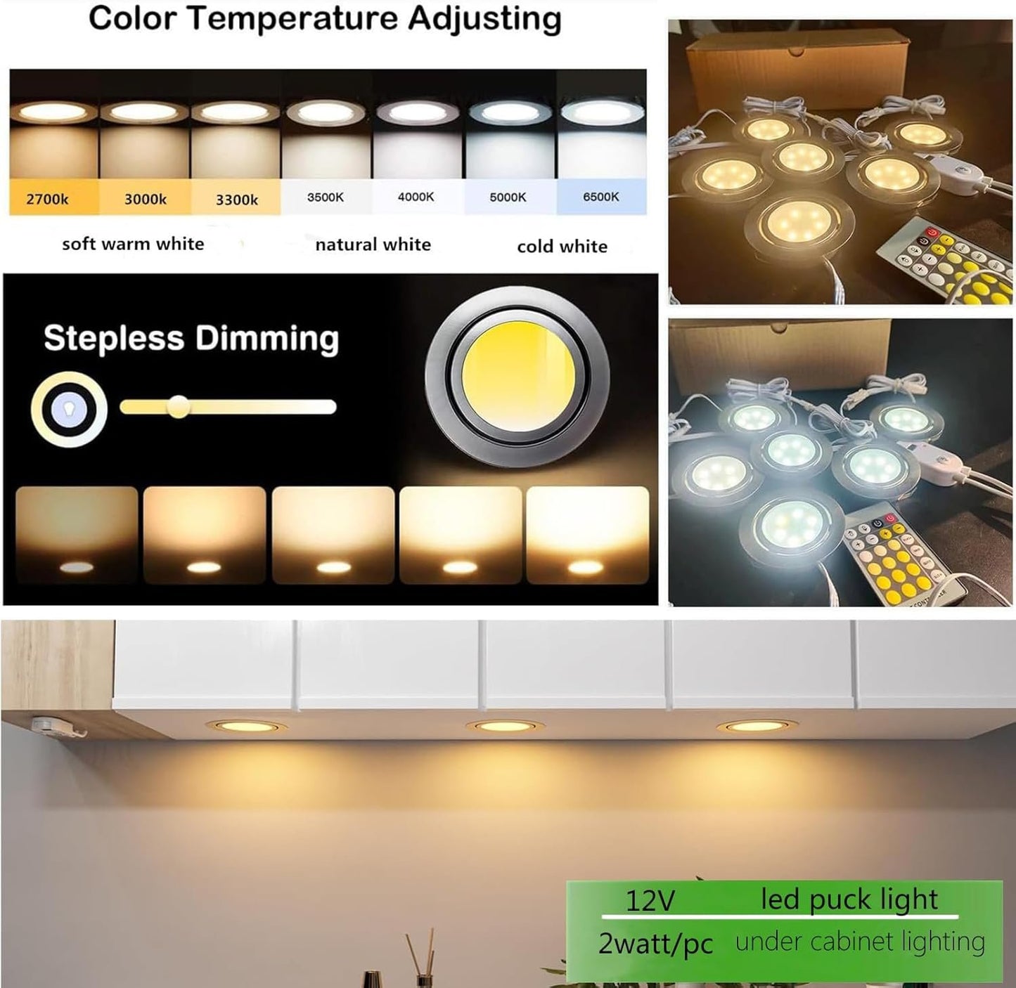 Smart Puck Lights 2700k-6500k Dimmable Under Cabinet Lighting Round Works with Alexa,Google Home,APP & Remote,12V,2W/pc,Recessed Kitchen Lamp Plug In for Counter,Display Shelf,2.5In Cutout,6pcs,Sliver