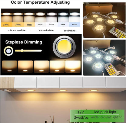 Smart Puck Lights 2700k-6500k Dimmable Under Cabinet Lighting Round Works with Alexa,Google Home,APP & Remote,12V,2W/pc,Recessed Kitchen Lamp Plug In for Counter,Display Shelf,2.5In Cutout,6pcs,Sliver