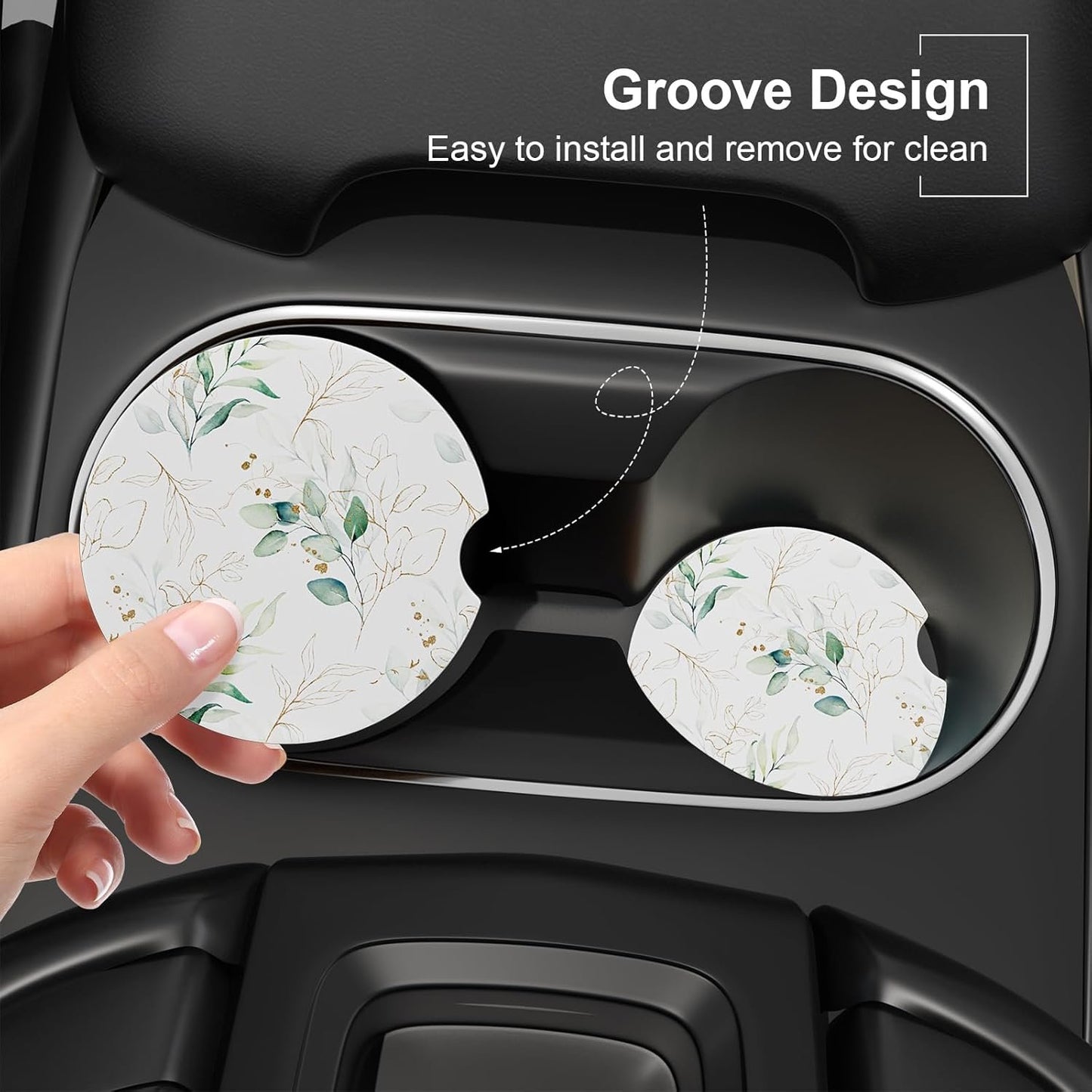 Car Cup Holder Coaster, Car Coasters for Cup Holders, 2 Pack Universal Anti Slip Insert Absorbent Ceramic Car Coaster with A Finger Notch & Cork Base, Cute Car Interior Accessories for Women(Leaves)