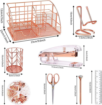 KAAKOW Rose Gold Desk Organizers and Accessories Office Supplies Set Stapler, Pen Holder, Phone Holder, Scissors, Pen, Ruler, 30 Paper Clips, 22 Binder Clip, 20 Tacks and 1000pcs Staples