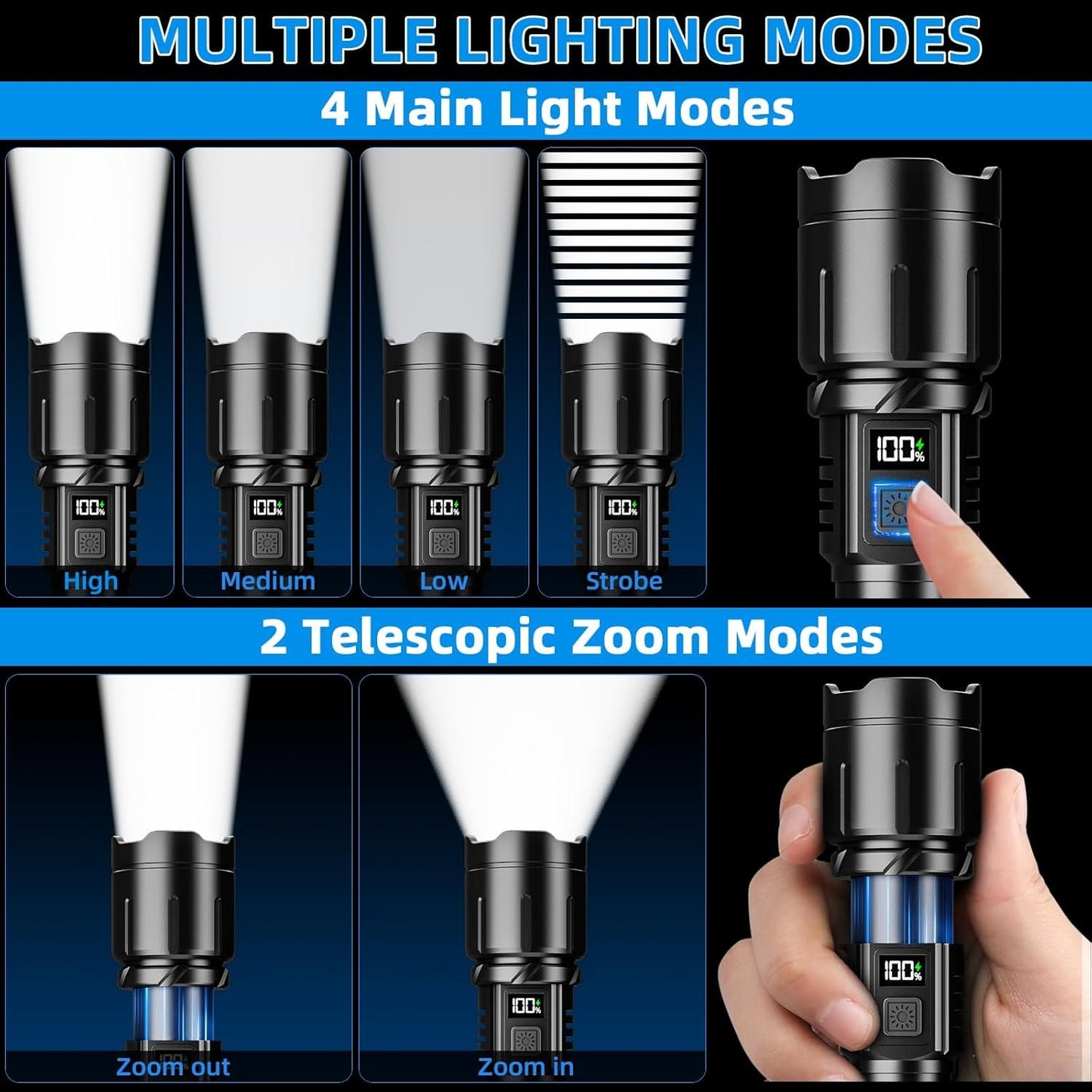 Rechargeable Flashlight 990000 High Lumen, Brightest LED Flashlights with IPX7 Waterproof, Zoomable, 4 Lighting Modes Super Bright Flash Light, Tactical Flash Light for Outdoor, Camping, Emergency