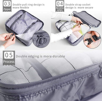 AMAYGA Organizer Suitcase Set of 8, Travel Organizers Cubes Packaging Laundry Bag Compression Bags for Clothes, Cosmetics, Shoes, Underwear (Grey), grey