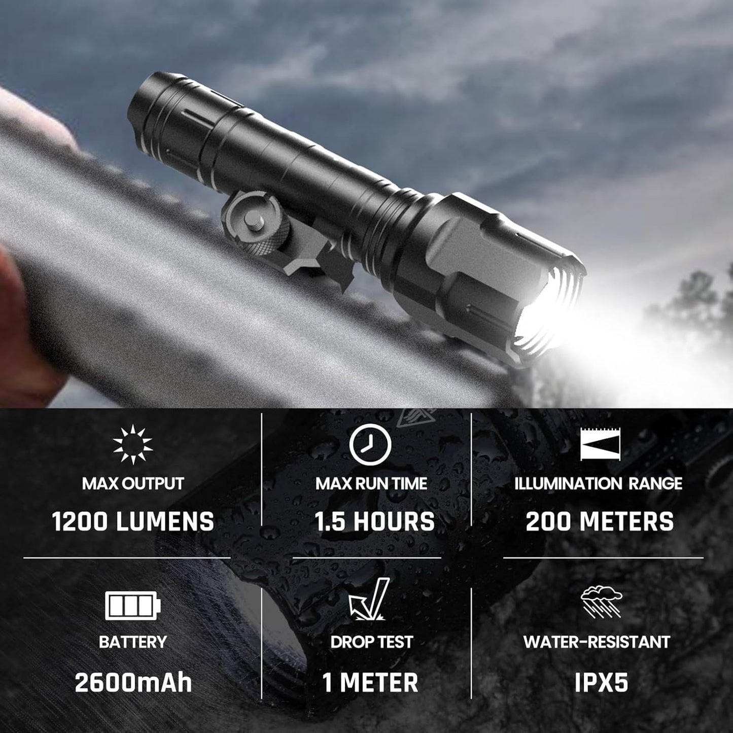 Feyachi 1200 Lumen Tactical Flashlight Matte Black LED Weapon Light with Pressure Switch, 3 Modes - High/Low/Strobe, Fixed Picatinny Flashlight Mount Black