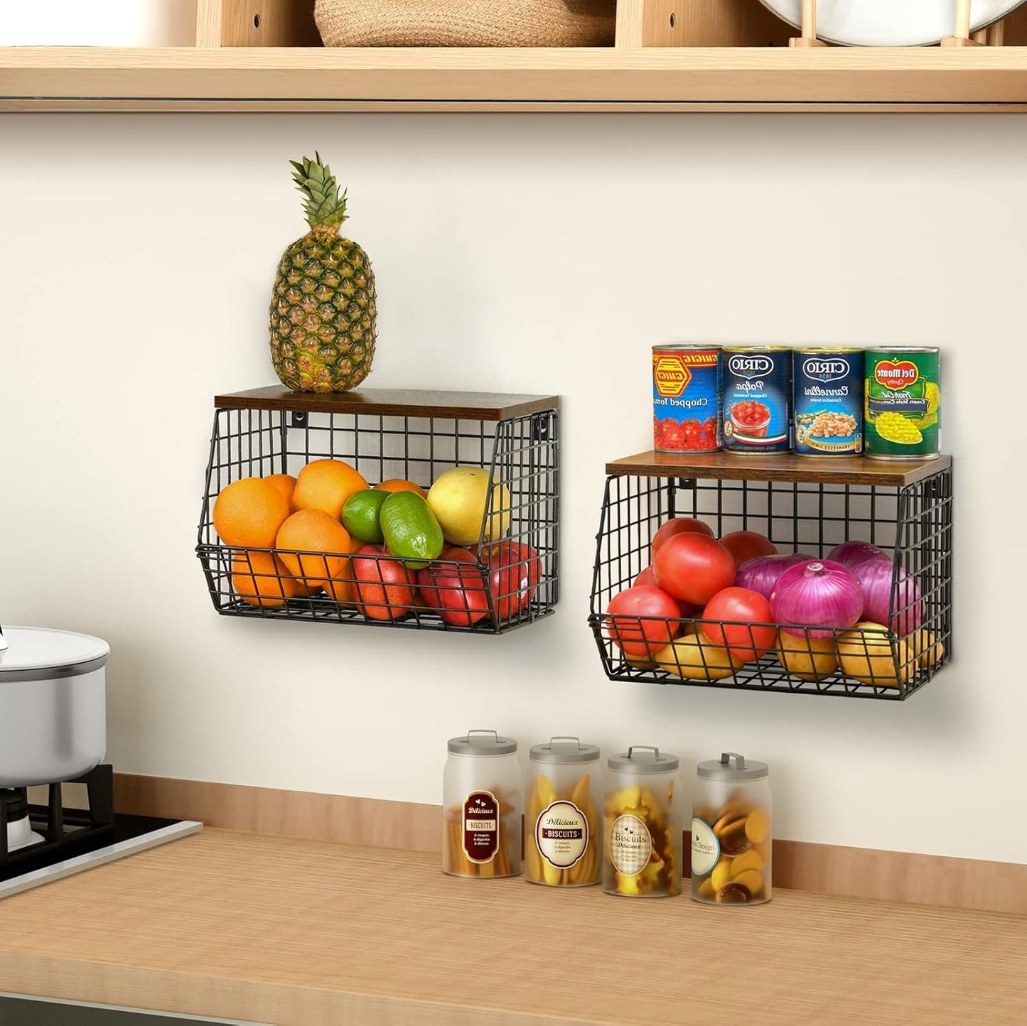 Wetheny 2pcs Fruit Basket Onion Storage Wire Basket with Wood Top- Wall Mounted & Stackable Kitchen Counter Organizer,Cabinet Organizer Bin for Potato,Produce,Bread,Snack Storage(Matte Black)