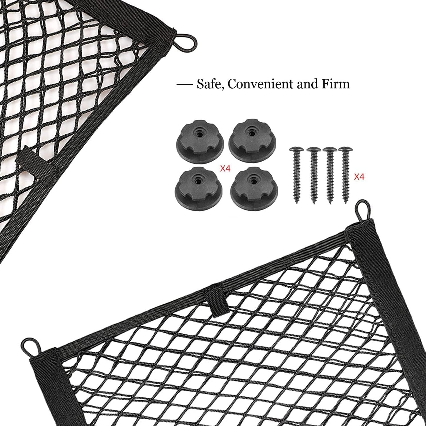 2 Pack Universal Mesh Cargo Netï¼ŒBetterJonny Stretchable Elastic Automotive Cargo Nets with 8 Pieces Mounting Screws and Hooks for Car Trunk Storage Mesh Pocket Net(Black)