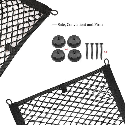 2 Pack Universal Mesh Cargo Netï¼ŒBetterJonny Stretchable Elastic Automotive Cargo Nets with 8 Pieces Mounting Screws and Hooks for Car Trunk Storage Mesh Pocket Net(Black)