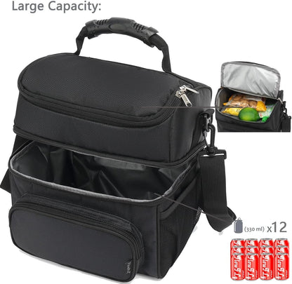 FlowFly Insulated Lunch Bag Adult Lunch Box Large Tote Double Layer Cooler for Men, Women, with Adjustable Strap,Front Pocket and Mesh Side Pockets,Black