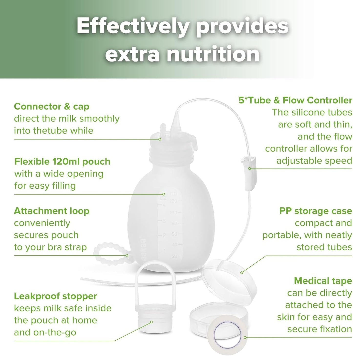 haakaa Supplemental Feeding Tube & Pouch Set,Baby Supplemental Nursing System,SNS Breastfeeding System,Food Grade Silicone