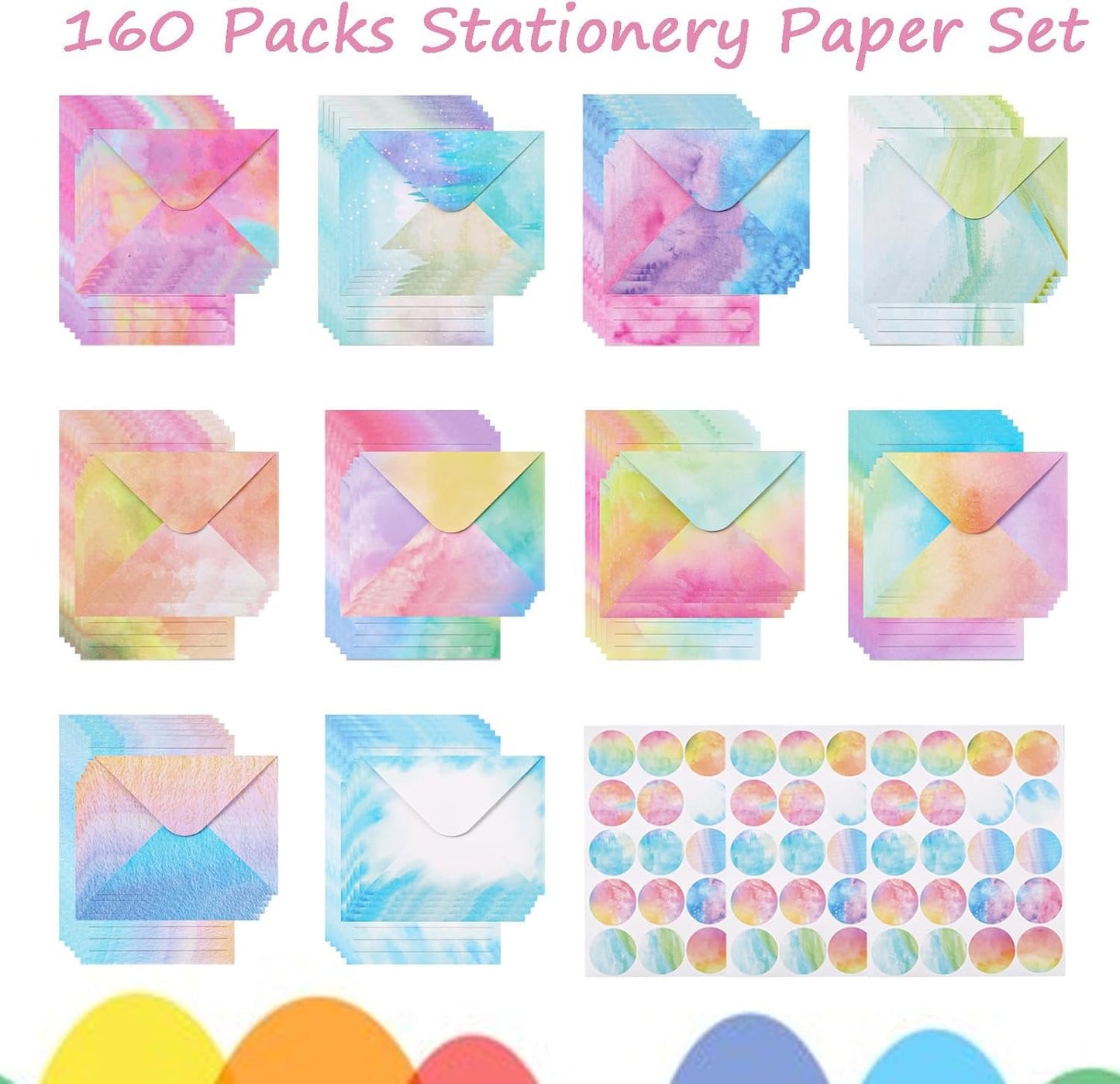160 Packs Mini Watercolor Stationery Paper Set 10 Styles Designs Pastel 50 Matching Letter Envelopes 50 Stationery Writing Papers 60 Round Dot Sticker for Office School Supplies