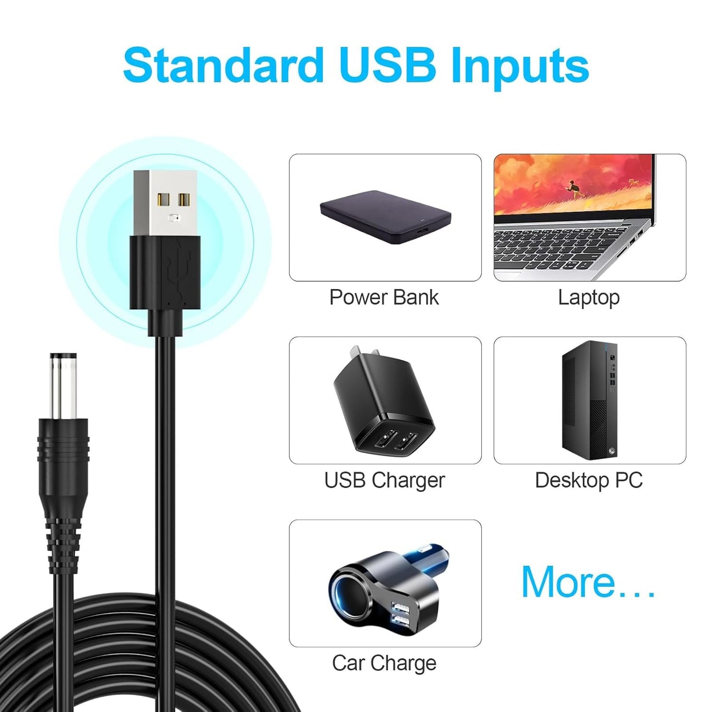 SoulBay USB Charging Cable to DC 5V Universal Power Cord with 13 pcs Adapters DC5V Charger Replacement for Tablet LED Light Massager Fan Speaker, Includes USB-C and Micro-USB Plug, 150 cm
