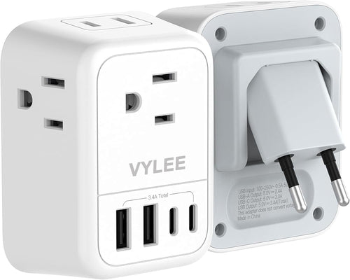 VYLEE Travel Plug Adapter with 4 AC Outlets and 4 USB Ports - European and International Power Adapter, Type C Plug Adapter Travel Essentials to Most Europe EU Spain Italy France Germany [1 Pack]