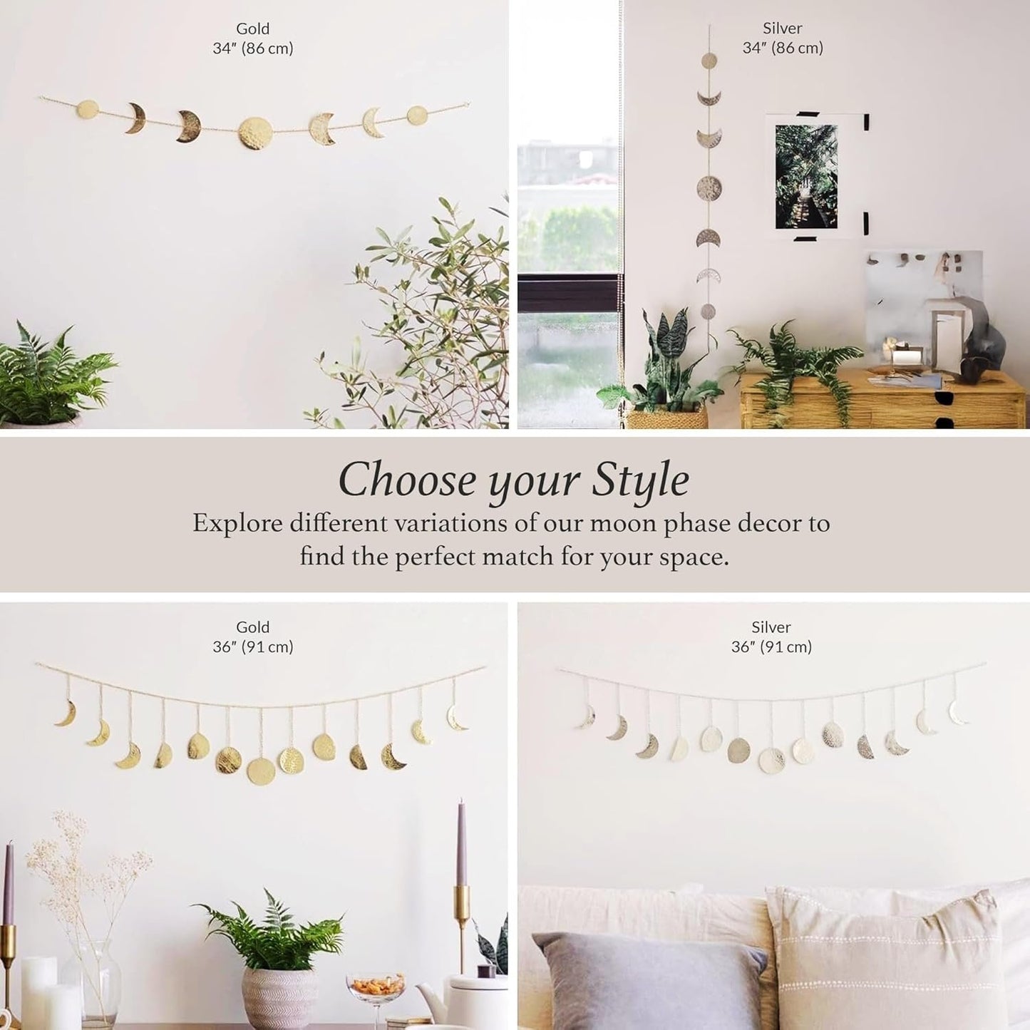 BASE ROOTS Moon Phase Wall Decor, Gold Wall Decor for Bedroom & Living Room, Bohemian Wall Decor, Handmade Hammered Metal 34" 7 Phases Moon Wall Decor, Celestial Wall Art, Gift for Women & Kids