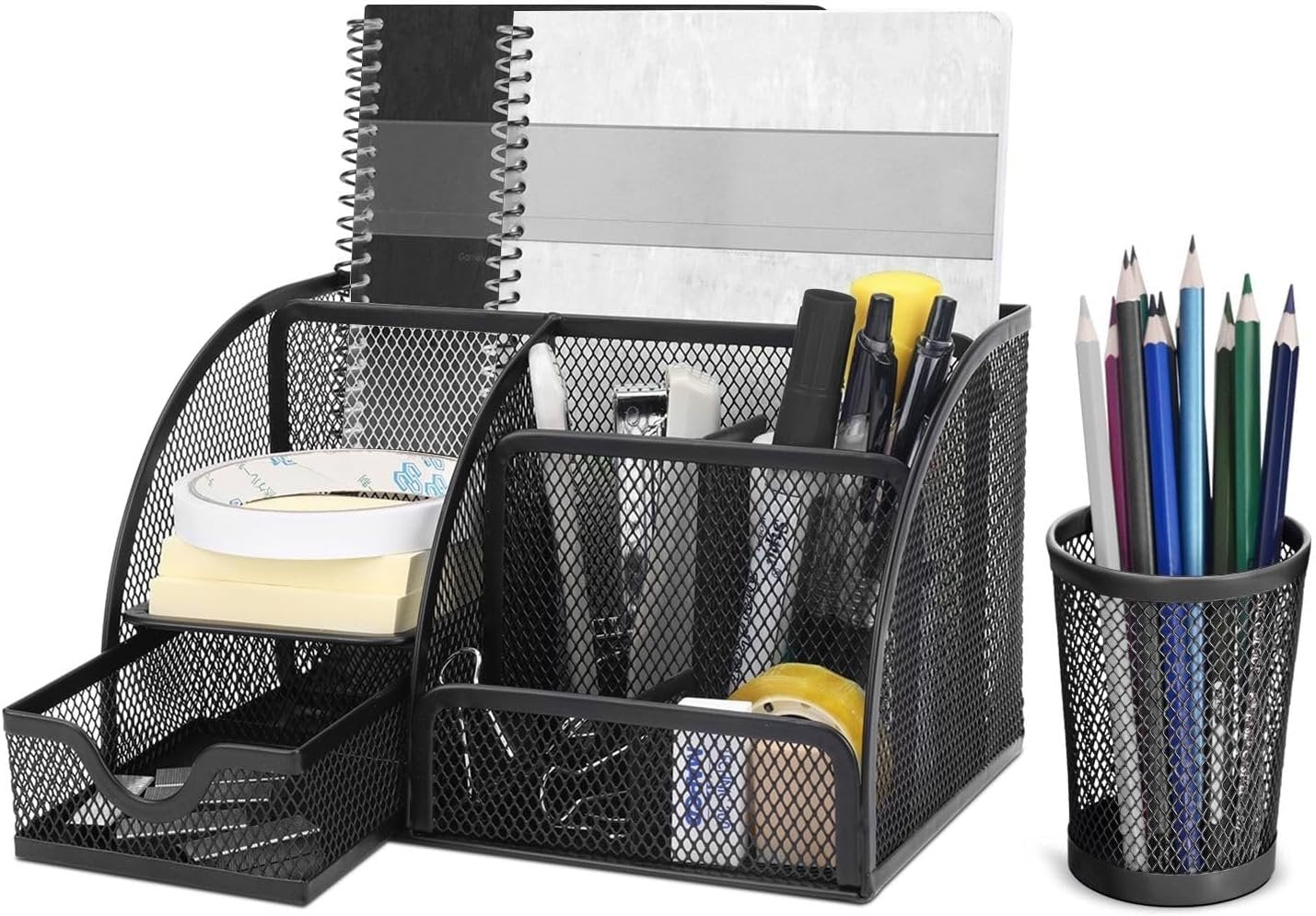 Flexzion Desk Top Caddy Organizer - Black Office Desk Accessories Organizer and Storage - Metal Mesh Desk with 6 Compartments, Drawer and Pen Holder