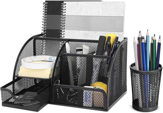 Flexzion Desk Top Caddy Organizer - Black Office Desk Accessories Organizer and Storage - Metal Mesh Desk with 6 Compartments, Drawer and Pen Holder