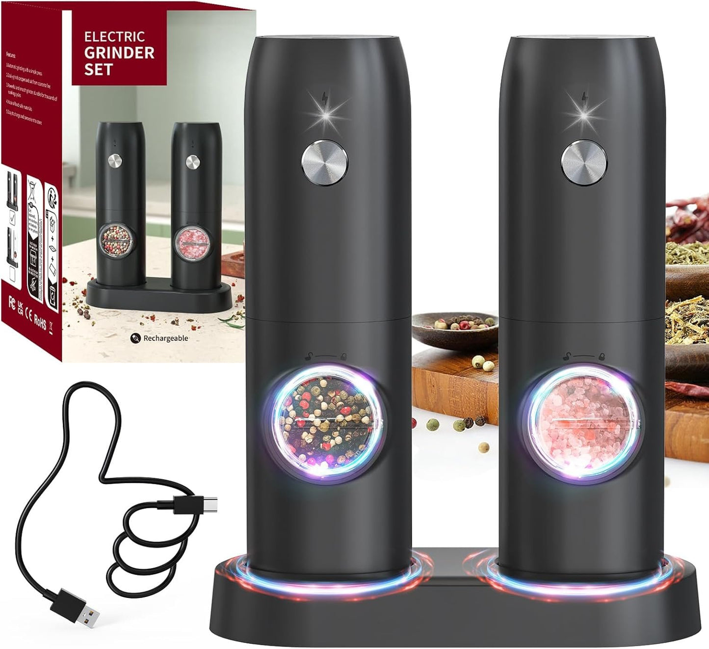 CIRCLE JOY Electric Salt and Pepper Set with Rechargeable Base, White Led Light, Automatic Salt Pepper Grinder for Home, Kitchen, Adjustable Grind Coarseness, Easy to One Hand Operation