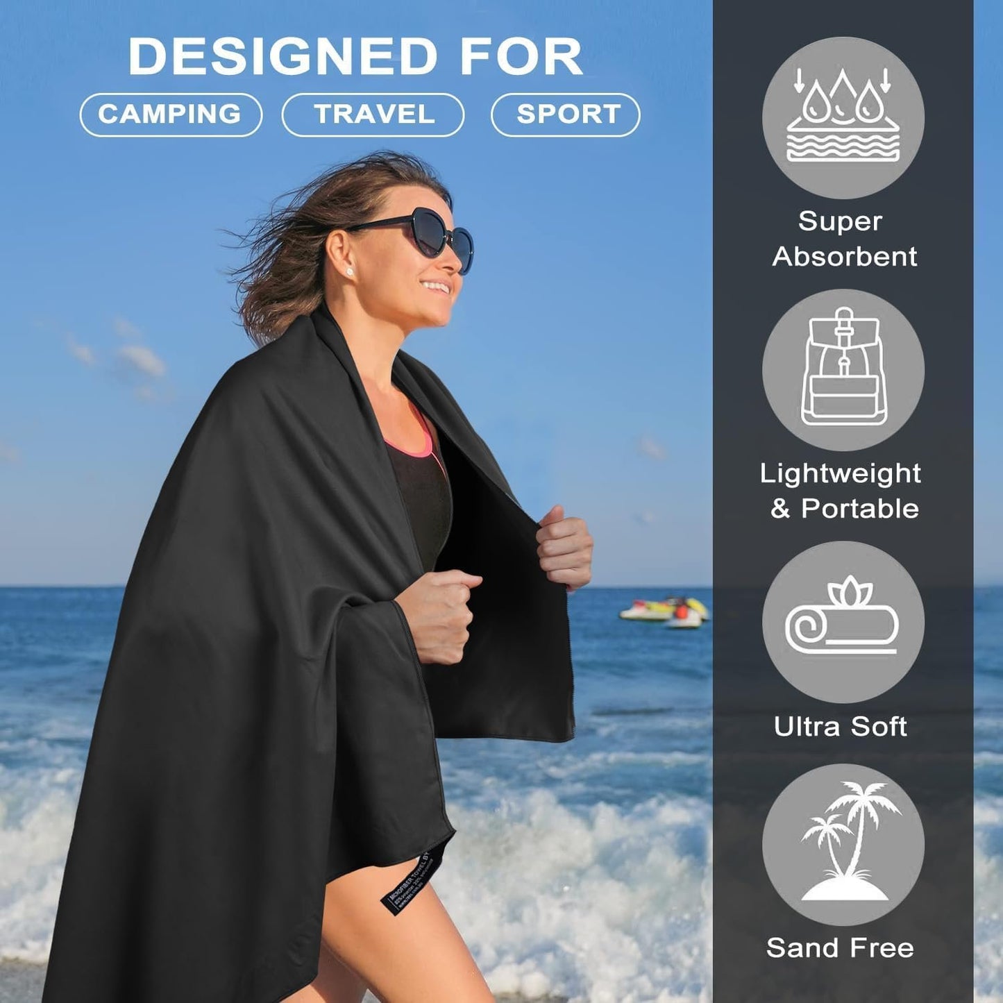 Vivva Microfibre Towel Travelï¼ŒCamping Towels Set of 3, Quick Drying Bath Towels, Sports Fitness Reversible Fleece Quick Drying Towels for Gym, Pool, Yoga, Beach, Outdoor Travel (Black)