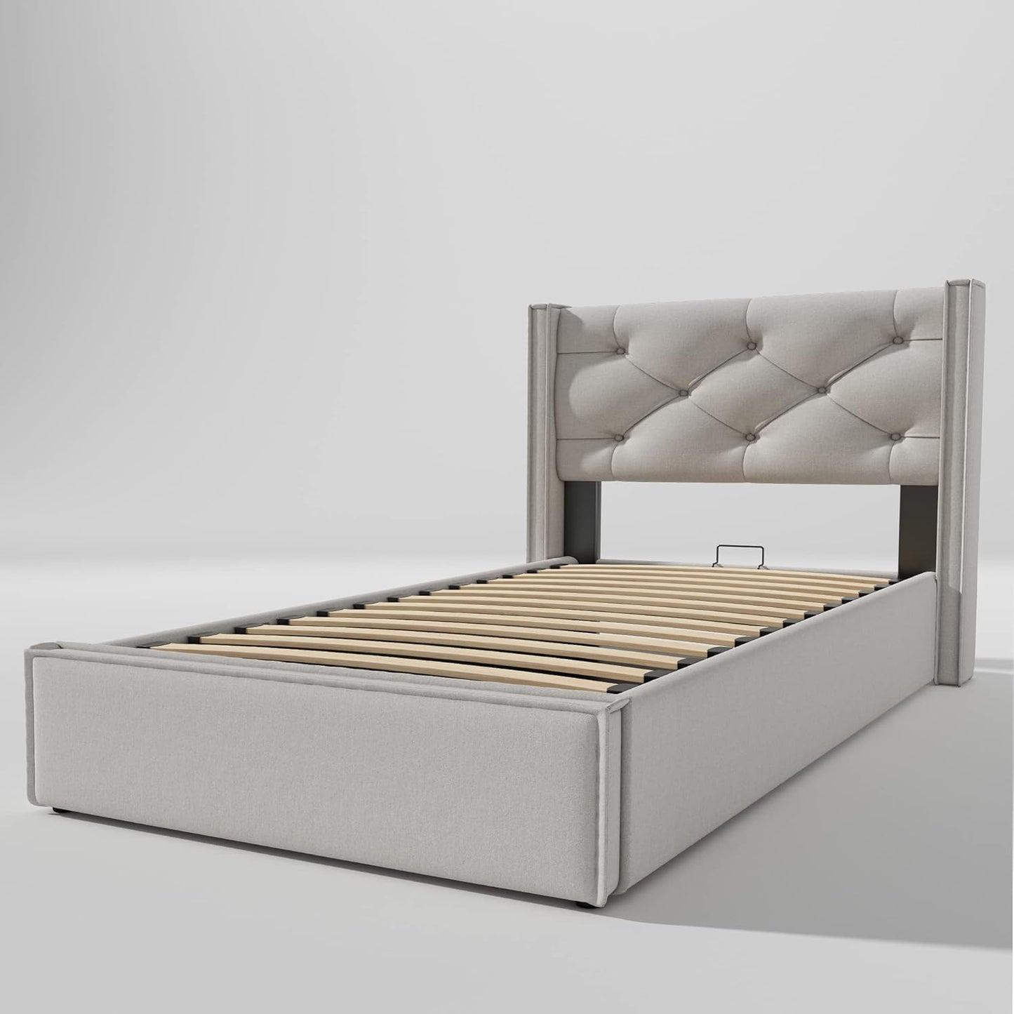 Ctastay Padded Bed, 90 x 200 cm, Adult Hydraulic Bed with Wooden Slatted Base, Frame and Headboard, Underbed Container, Cotton, Light Grey, Without Mattress