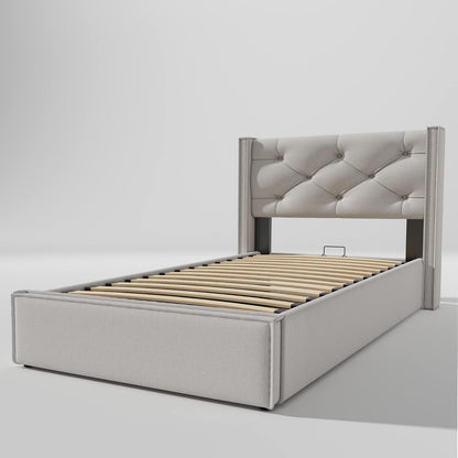 Ctastay Padded Bed, 90 x 200 cm, Adult Hydraulic Bed with Wooden Slatted Base, Frame and Headboard, Underbed Container, Cotton, Light Grey, Without Mattress
