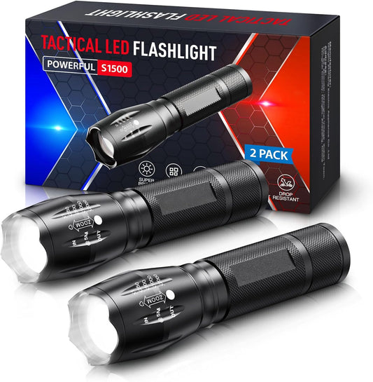 Tactical Flashlights 2 Pack, Zoomable Bright LED Torch High Lumens with 5 Modes, Waterproof Small Torch Light for Camping Essential, Camping Emergency Hiking Torch Flashlight