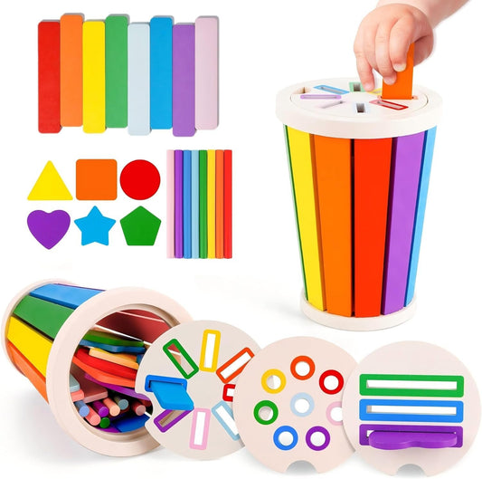MOONKATE Wooden Montessori Sensory Color Shape Sorting Stacking Toys, Fine Motor Skills Learning Toys for Kids Toddlers