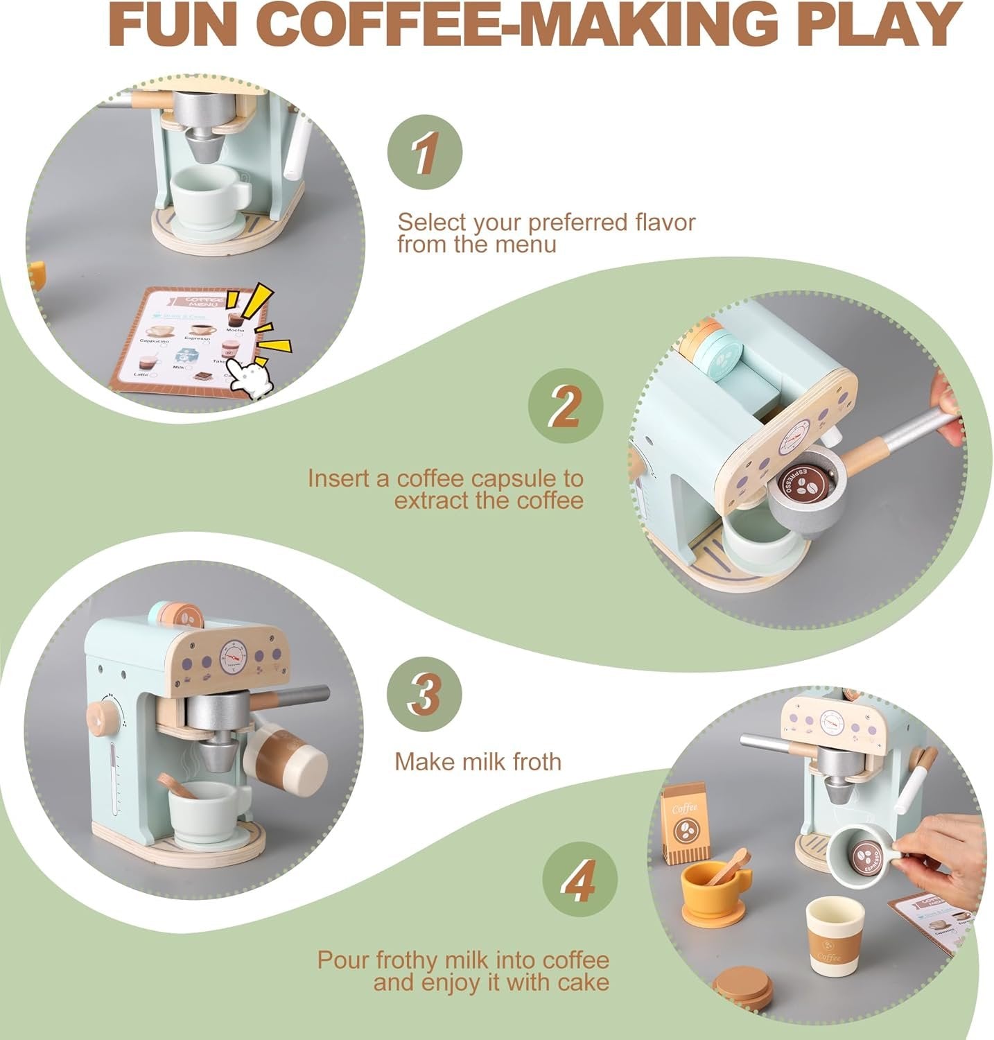 Pithfor Kids Wooden Coffee Maker Toy, Wooden Play Kitchen Appliances & Accessories Toy for Kids Toddlers, Gift for Girls Boys