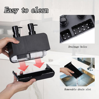 GINZER Dish Soap Dispenser for Kitchen Countertop with Sponge Caddy and Brush Holder - Refillable Non-Slip Dual Pump 4-in-1 Dispenser Soap Dispenser for Kitchen Sink, Essential Kitchen Gadgets – Black