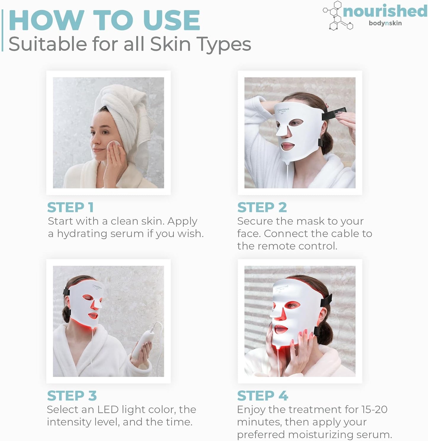 Nourished Bodynskin 7 Colors LED Face Mask with Near-Infrared - Blue, Red Light Therapy for Face - 114 LEDs - Skincare Tool for Wrinkles, Anti-Aging