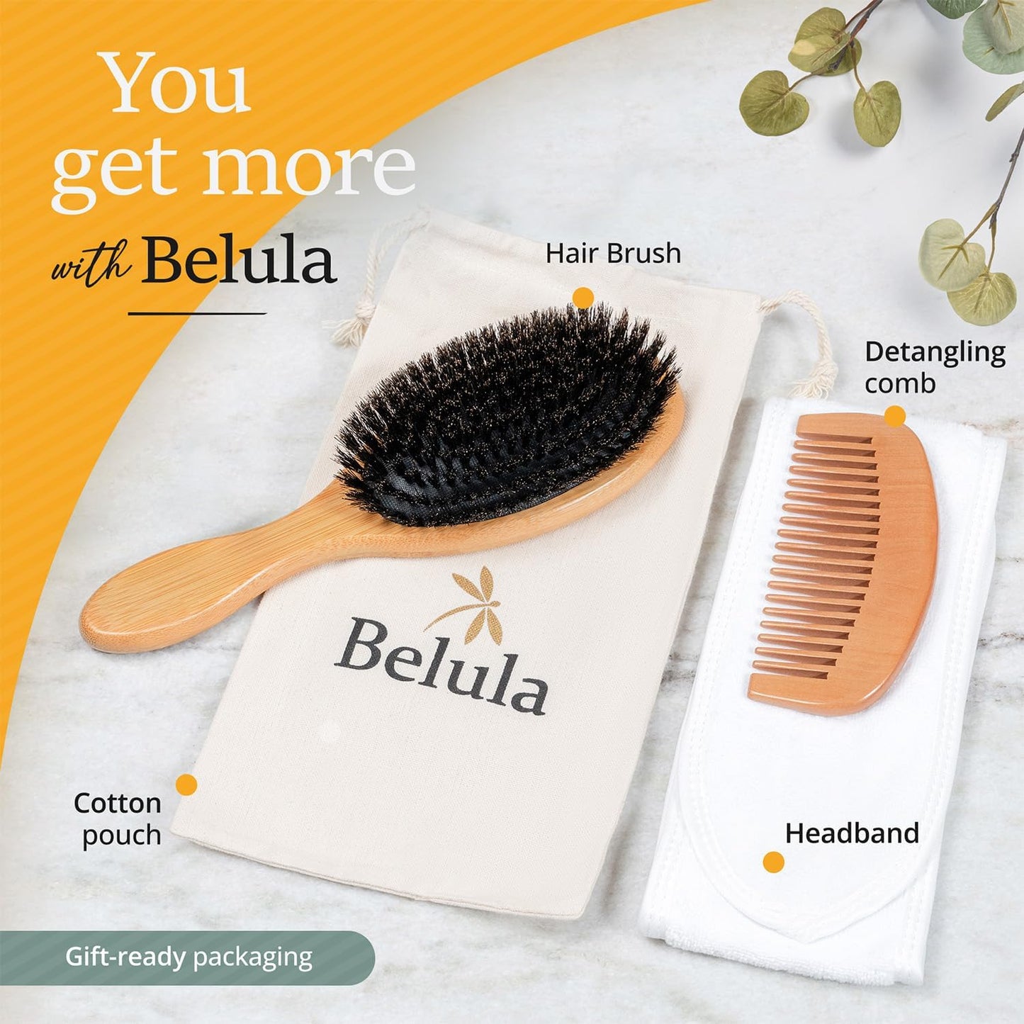Belula 100% Boar Bristle Hairbrush Set. Soft Natural Bristles for Thin and Fine Hair. Restore Shine And Texture. Wooden Comb, Travel Bag and Spa Headband Included!