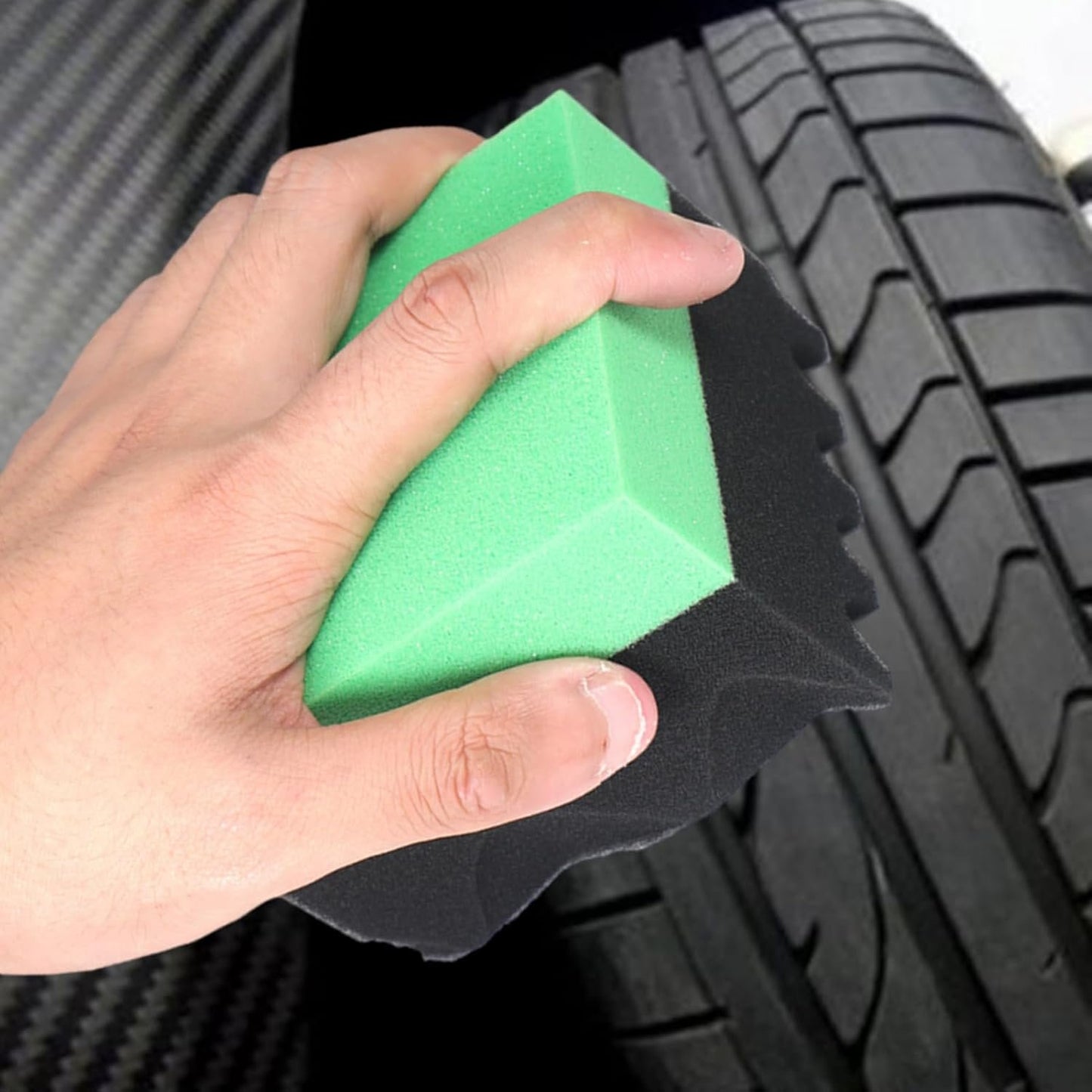 Tire Shine Sponge, Car Detailing Applicator, Wheel Cleaning Pad 3.74 x 3.35 x 2.56 Inches, Ergonomic Reusable Foam, Wave Design Grip, Paint Safe, Ideal for RV Truck Auto Coating