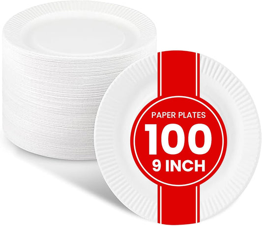 Paper Plates - [100-Pack] - (9-Inch Round) - Lightweight Uncoated 9 Inch Disposable Paper Plates - for Crafts, Events, Projects, Dry Foods & General Use