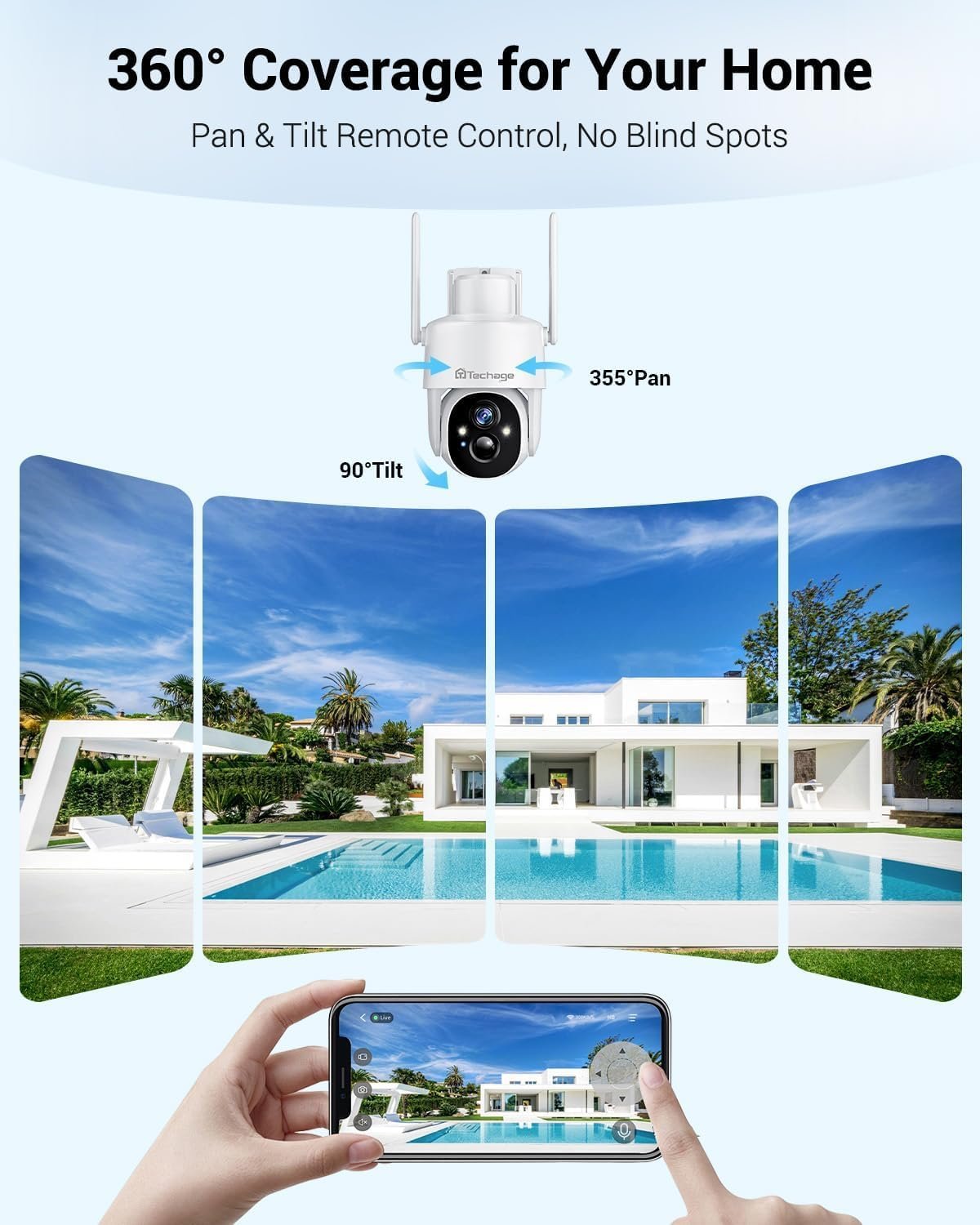 Solar Security Cameras Wireless Outdoor, 2K WiFi Cameras for Home Security, 360° PTZ Surveillance Camera with PIR, Color Night Vision, 2-Way Talk, IP66 Waterproof, SD/Cloud, Work with Alexa (2 Pack)