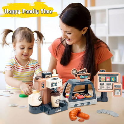 Pretend Role Play Toy Coffee Shop for Boys and Girls with Coffee Maker Machine and Fake Donuts 41Pcs (coffe2)