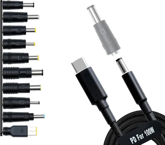 USB C to DC Adapters 10PCS Power Plug Kit, Universal Charger Supply 100W PD Power Cable & 5.5x2.1mm Round Barrel Jack for Sony Toshiba Samsung Acer Asus Lenovo Dell HP Laptop Charging Connector Tips