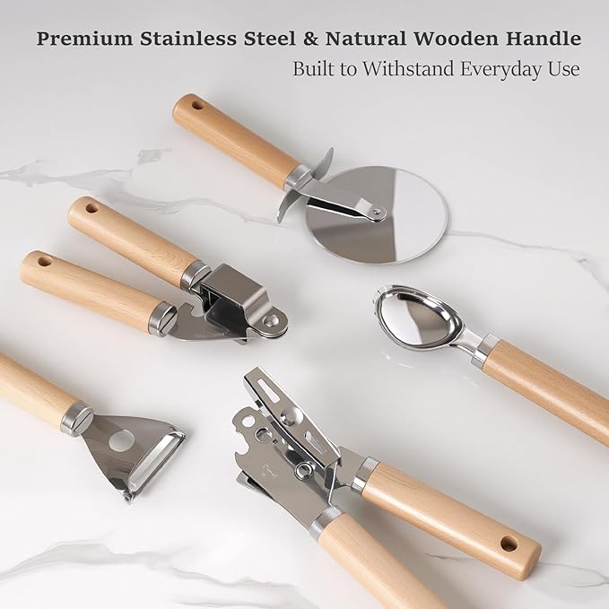 Stainless Steel Kitchen Gadget with Wood Organizer - Can Opener, Vegetable Peeler, Ice Cream Scoop, Pizza Cutter, Garlic Press - Kitchen Tools and Gadgets 2025 Cooking Kitchen Essentials