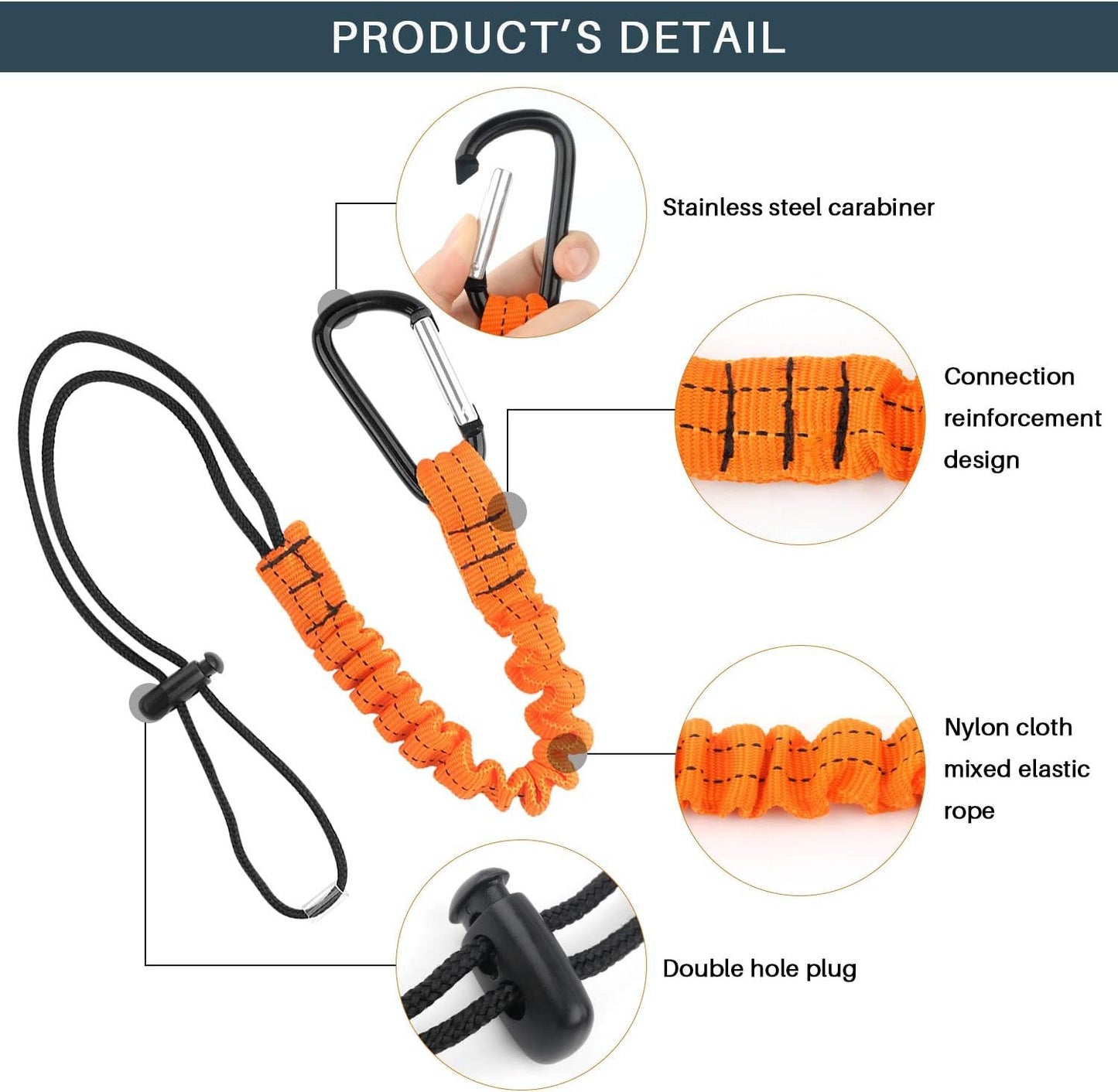 Tool Lanyard, Quick Release Shock Absorbing Safety Tool Leash Retractable Bungee Cord with Carabiner Clip and Adjustable Loop End, 15 Ib Working Limit Fall Protection Equipment
