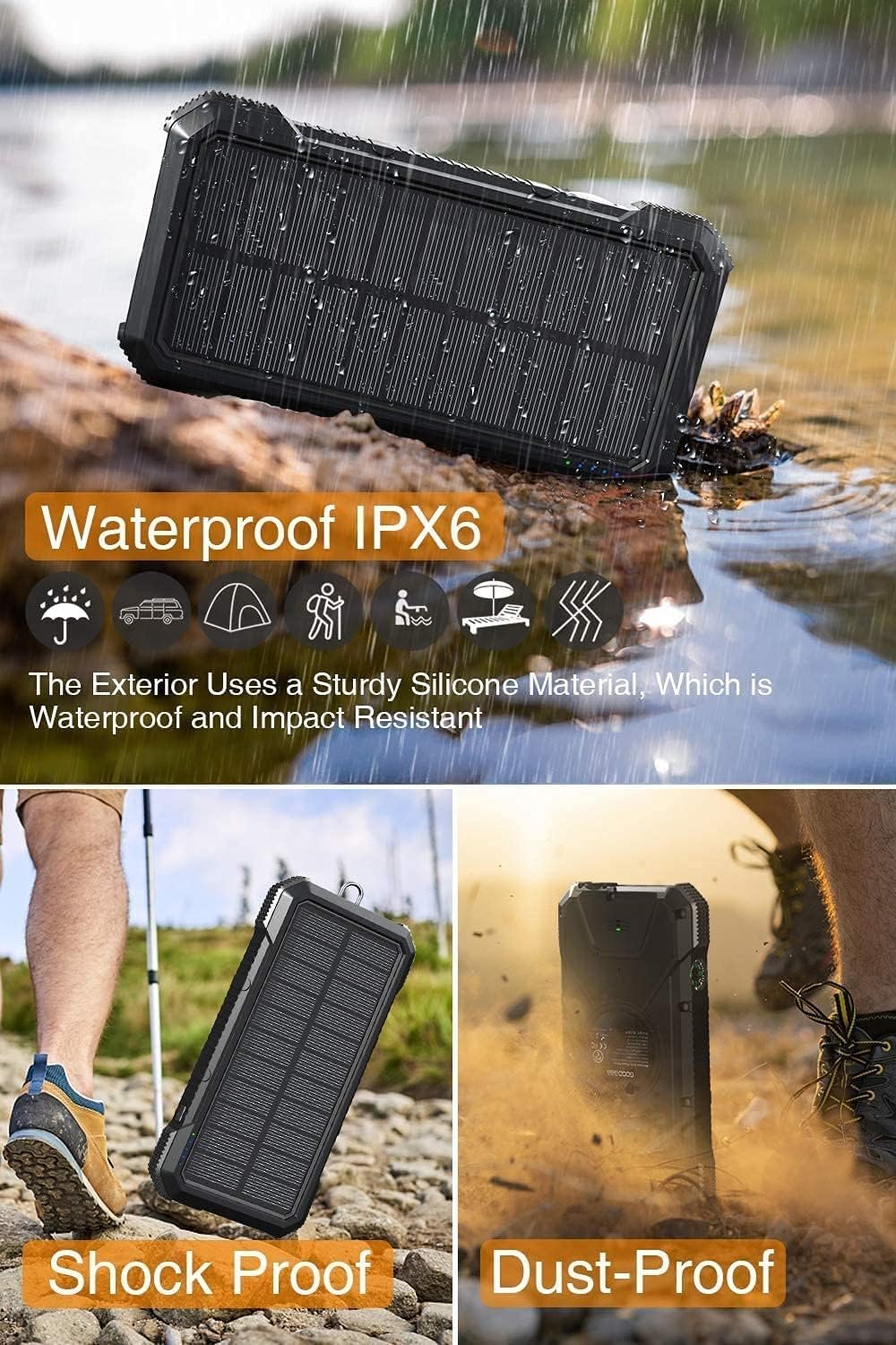 Solar Power Bank 26,800mAh, Wireless Solar Charger IPX6 Waterproof, Solar Battery Charger 3 Outputs USB C with LED Flashlight Compass, Solar Phone Charger for iPhone Samsung Tablet Camping Outdoor