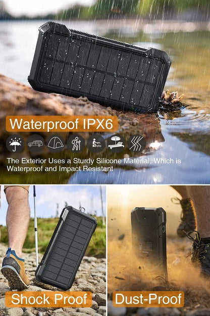 Solar Power Bank 26,800mAh, Wireless Solar Charger IPX6 Waterproof, Solar Battery Charger 3 Outputs USB C with LED Flashlight Compass, Solar Phone Charger for iPhone Samsung Tablet Camping Outdoor