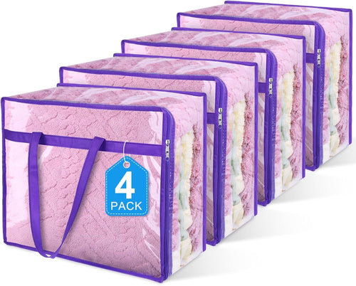 4 Pack Clear Zippered Storage Bags for Clothes, Closet Organizers and Storage Bag for Bedding, Linen, Blankets, Comforters, Clothes & Toys Multi Purpose & Space Saver PVC Organizers