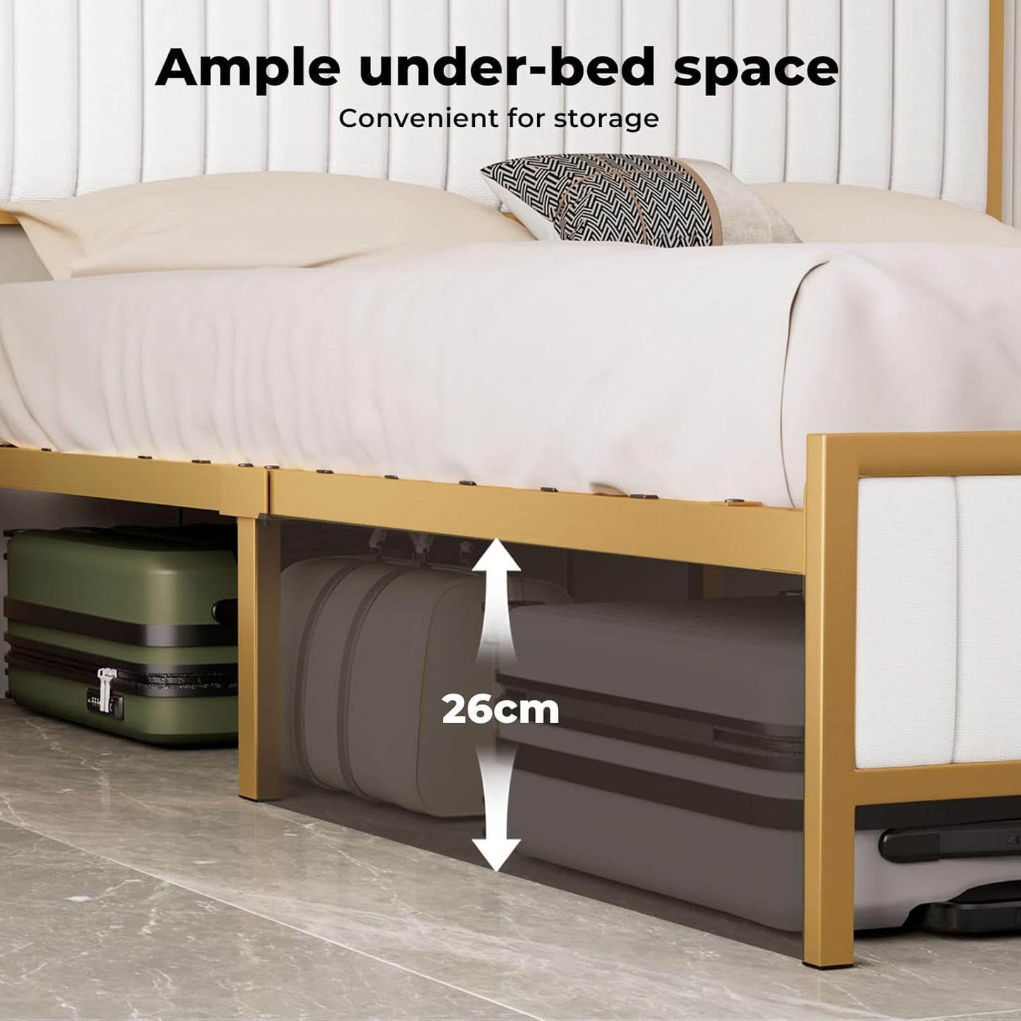 Levede Metal Queen Bed Frame, PU Fabric, Upholstered Headboard, Elevated Design, Under Bed Storage Space,13 Metal Slats Support, Easy Assemnly Platform Bed, Beige
