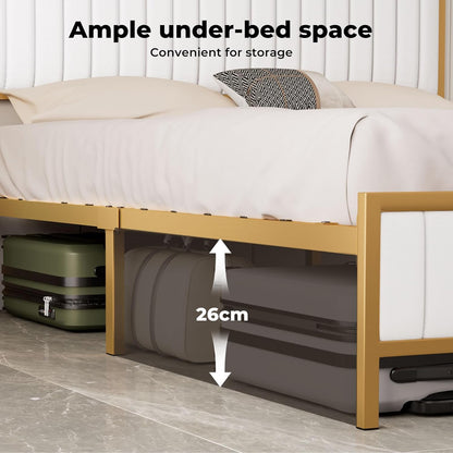 Levede Metal Queen Bed Frame, PU Fabric, Upholstered Headboard, Elevated Design, Under Bed Storage Space,13 Metal Slats Support, Easy Assemnly Platform Bed, Beige