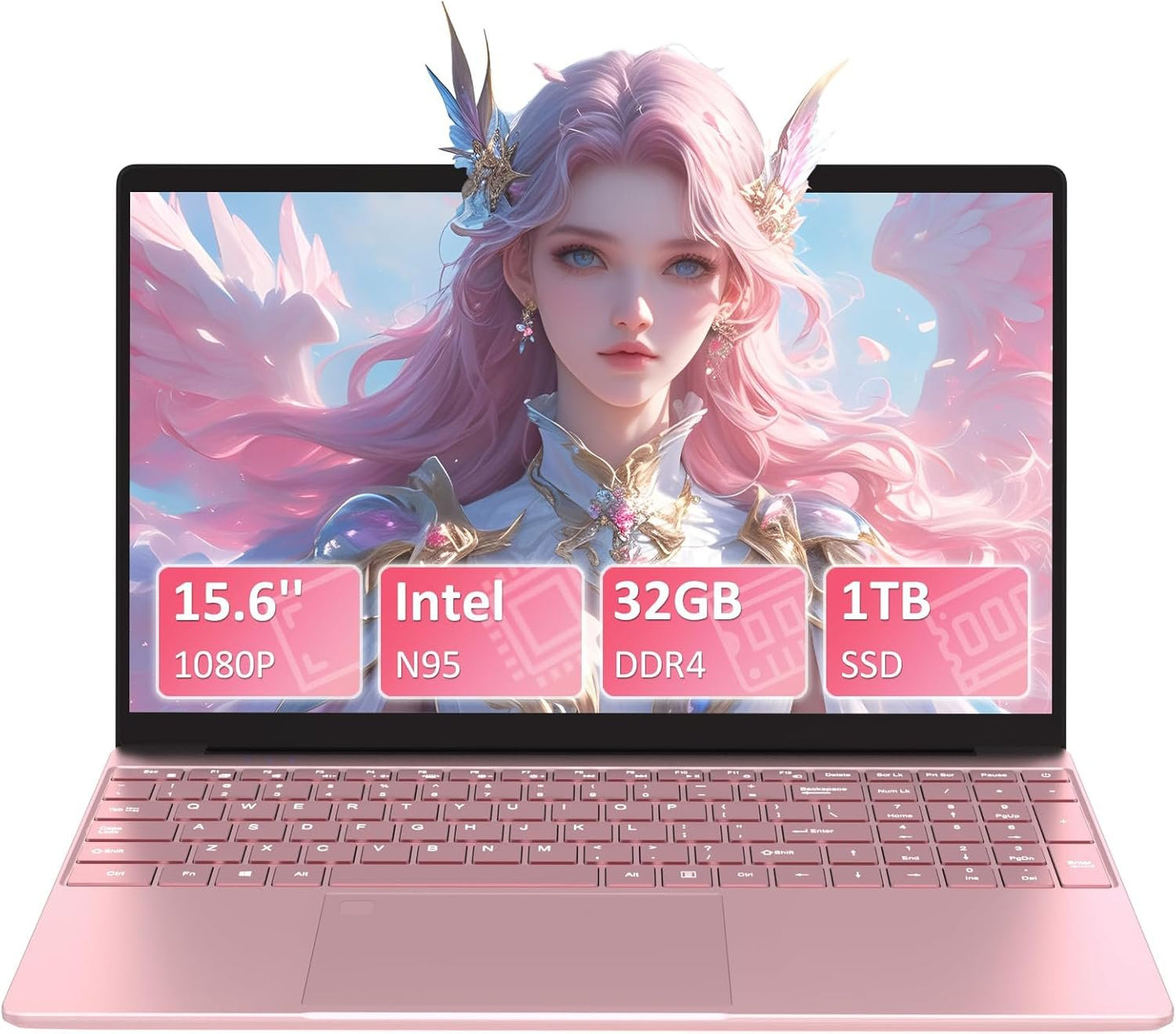 Auusda 15.6 Inch Full HD Laptop, 32GB DDR4 RAM 1TB SSD, N95 Up to 3.4GHz with Fingerprint Unlock Notebook, Cooling Fan, Webcam, Dual Speakers, Mini HDMI, Student/Business Laptop - Pink