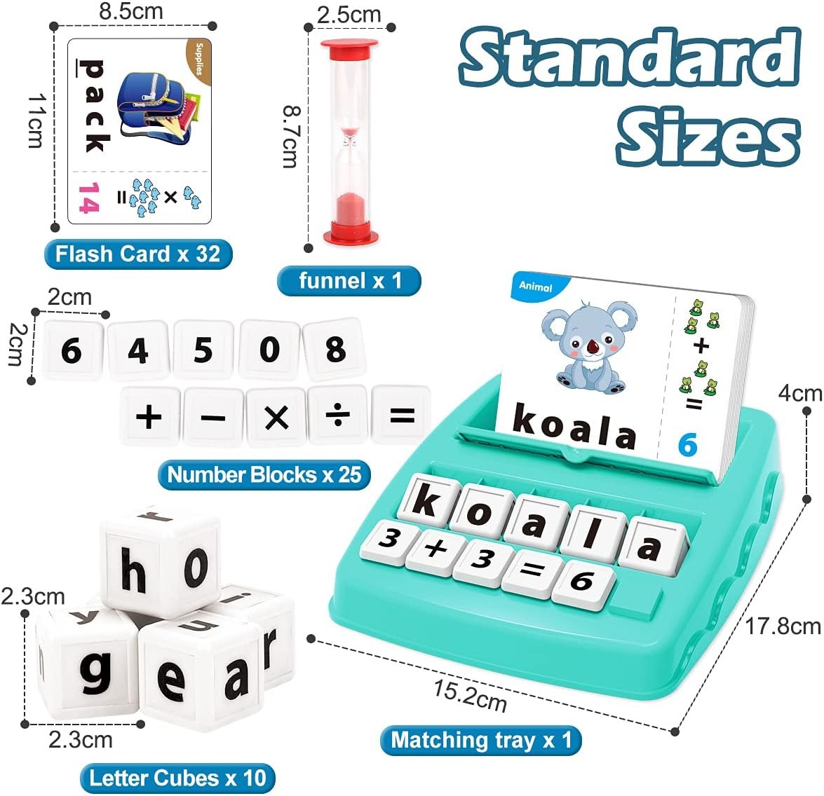 KaeKid Kids Learning Toys for 3 4 5 6 7 8 Year Olds, Matching Letter Spelling Games with 32 Flash Cards, Math Learning Preschool Educational Game, Birthday Boys Girls (Green)