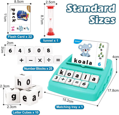 KaeKid Kids Learning Toys for 3 4 5 6 7 8 Year Olds, Matching Letter Spelling Games with 32 Flash Cards, Math Learning Preschool Educational Game, Birthday Boys Girls (Green)