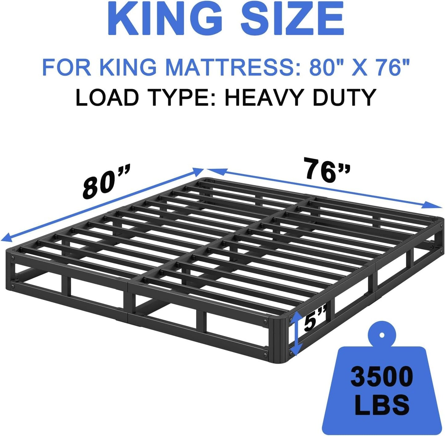 Hanidre 5 Inch High Metal King Size Bed Frame, Heavy Duty King Bed Frame No Box Spring Needed, Easy Assembly, Noise Free, Sturdy, Low Profile