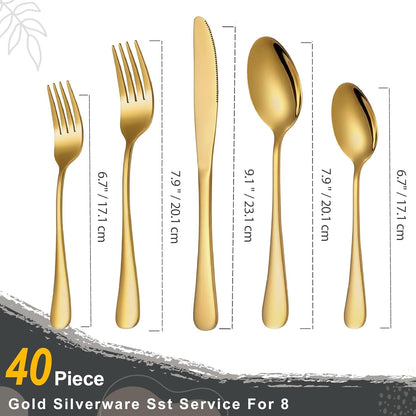 Runfly Gold Silverware Set, 40 Piece Flatware Cutlery Set for 8, Stainless Steel Silverware, Mirror Polished Cutlery Utensil Set Includes Knife Fork Spoon for Home Kitchen Restaurant