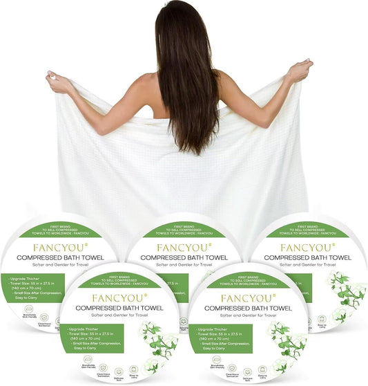 Fancyou Compressed Towel Tablets Large - 100% Cotton Disposable Bath Towels for Travel - 55 in x 27.5 in Travel Cleaning Kit for Hotels Camping Hiking Sports Beach Swimming Vacation [5 Pack Green]