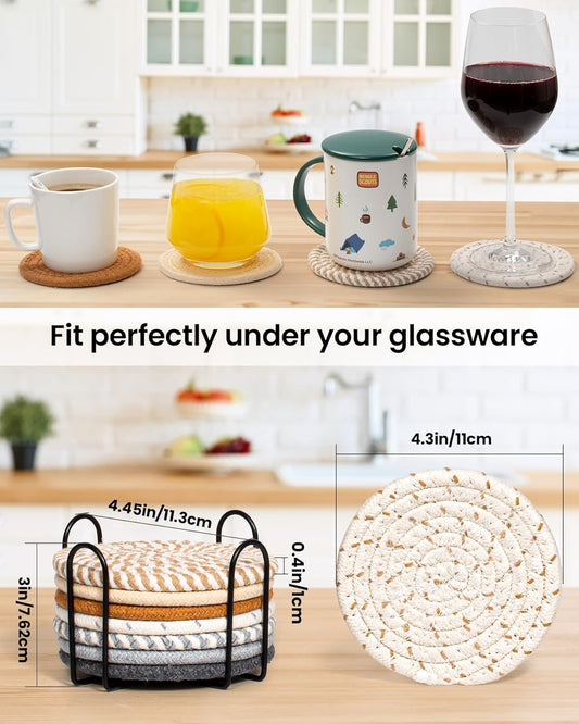 Effectyou 8 Pcs Drink Coasters with Holder, 8 Colors Absorbent Coasters for Drinks Minimalist Cup Coasters Cotton Coaster Set Woven Coasters for Coffee Table Home Decor Bar Housewarming Gift, 4.3 Inch