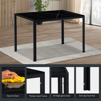 Luxsuite Dining Table Marble Tabletop Rectangular 120cm Modern Sintered Stone Glossy Marble Effect Top Dinner Tables 4 Seater with Tapered Metal Legs Dining Room Home Lounge Kitchen Black
