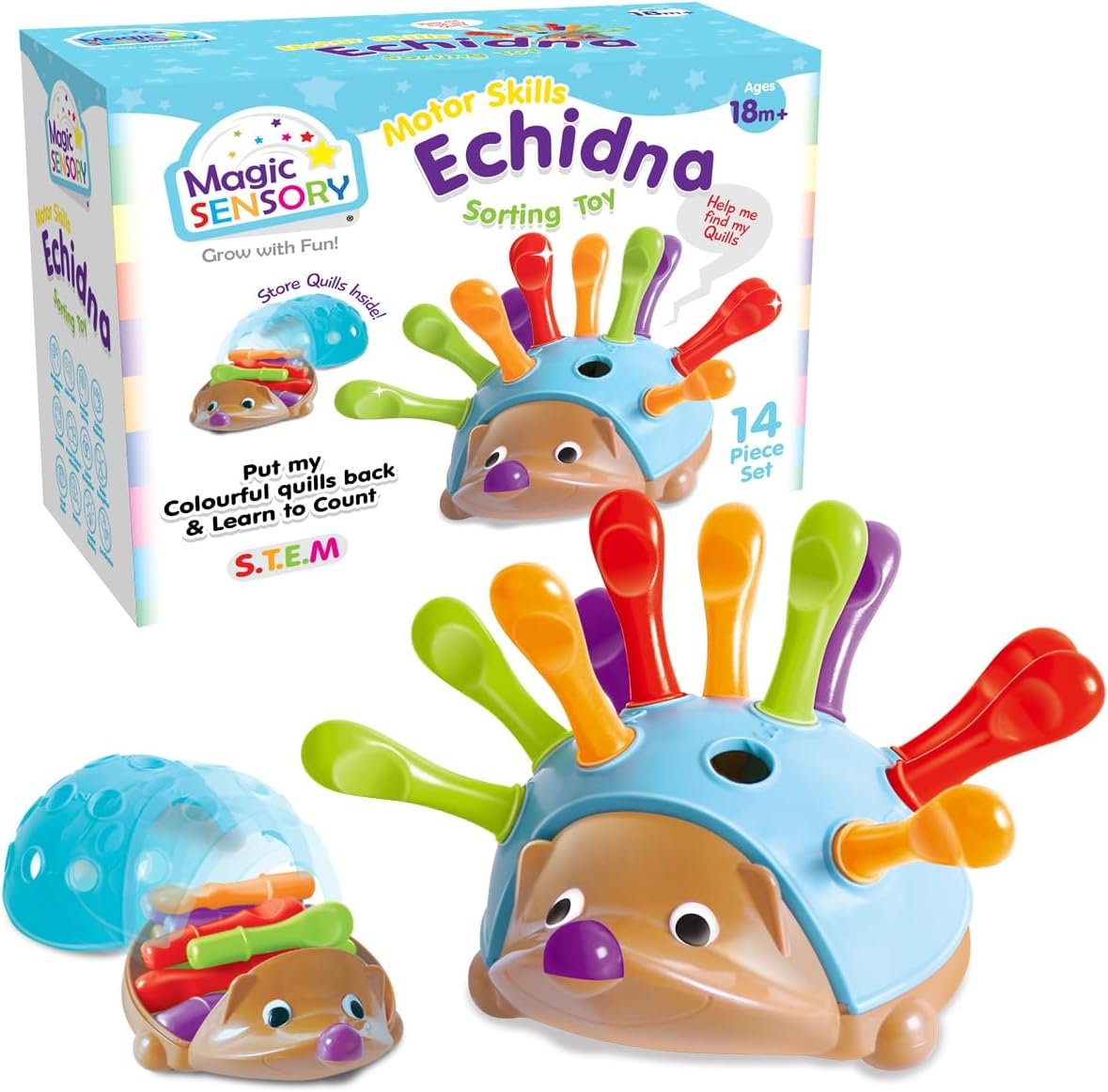 Magic Sensory Echidna Hedgehog Toy â€“ Montessori STEM Fine Motor Skills & Counting Baby Toy â€“ Interactive Educational Colour Sorting Sensory Toys for Toddlers 1-3 â€“ 14 Piece Set