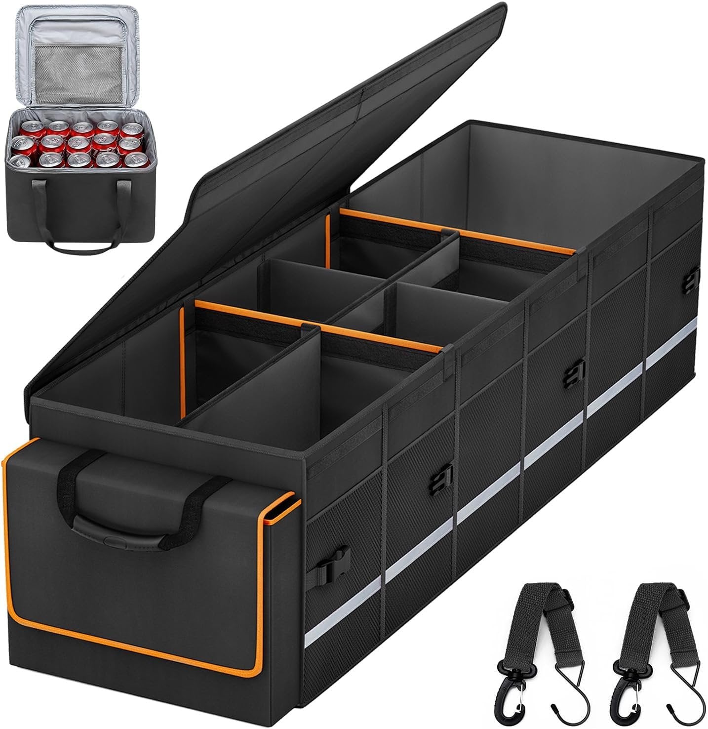 Car Trunk Organizer and Storage with Removable Leakproof Cooler Bag, 6 Removable Dividers for Custom Space, Collapsible Trunk Storage with Non Slip Bottom, Foldable Cover